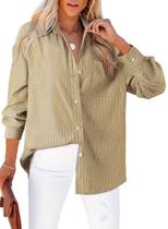 Blusa feminina Astylish com decote em V, manga comprida, listrada, cáqui