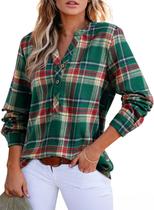 Blusa feminina Astylish, xadrez, decote em V, manga comprida, verde névoa Blusa feminina Astylish, xadrez, decote em V, manga comprida, verde névoa