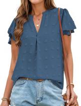 Blusa feminina AURUZA com decote em V, babados, manga curta, azul marinho Blusa feminina AURUZA com decote em V, babados, manga curta, azul marinho