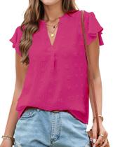 Blusa feminina AURUZA com decote em V, babados, manga curta, rosa choque Blusa feminina AURUZA com decote em V, babados, manga curta, rosa choque