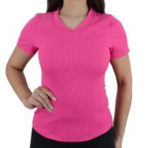 Blusa Feminina Autenticada MC Decote V Canelada Pink - 7672 Blusa Feminina Autenticada MC Decote V Canelada Pink - 7672