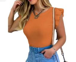 Blusa feminina babado cavada gola rasa tecido canelada