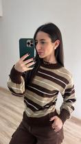 Blusa Feminina Básica Listrada Tricot Inverno Cor:Bege/MarromTamanho:36-42