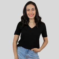 Blusa Feminina Básica Manga Curta Decote V Preto