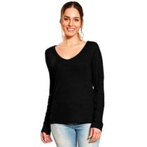 Blusa Feminina Básica Manga Longa Canelada Preta