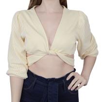 Blusa Feminina Beagle Cropped Transpassado 3/4 Bege Areia Blusa Feminina Beagle Cropped Transpassado 3/4 Bege Areia