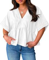 Blusa feminina Beautife Plus Size Babydoll, ilhó, decote em V, branca