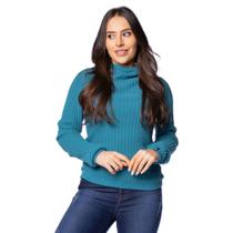 Blusa Feminina Biamar Tricot Fio Pluma Canelado Gola Média Petróleo