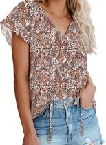 Blusa feminina Biucly 2025 com estampa floral de verão e decote em V Blusa feminina Biucly 2025 com estampa floral de verão e decote em V
