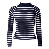 Blusa Feminina Blue Rose Malha Listras Marinho/Branco