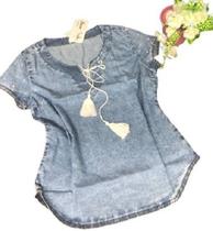 Blusa Feminina Blusinha Camisa Bata Jeans Kamdesch Perolas