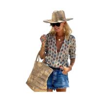 Blusa Feminina Boho Com Decote Em V E Manga Longa, Estampa Gráfica, Ajuste Justo, Túnica Casual Blusa Feminina Boho Com Decote Em V E Manga Longa, Estampa Gráfica, Ajuste Justo, Túnica Casual