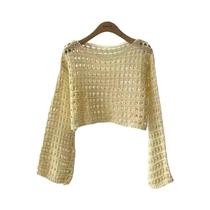 Blusa Feminina Boho De Crochê Com Manga Longa, Top Curto De Verão Para Praia, Saída De Praia, Blusa Feminina Boho De Crochê Com Manga Longa, Top Curto De Verão Para Praia, Saída De Praia,