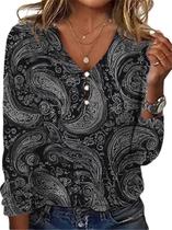 Blusa feminina Boho de manga comprida Top TBILILO com decote em V preta S Blusa feminina Boho de manga comprida Top TBILILO com decote em V preta S