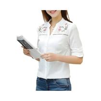 Blusa Feminina Branca com Bordado Floral - Manga Longa - Estilo Casual e para Escritório Blusa Feminina Branca com Bordado Floral - Manga Longa - Estilo Casual e para Escritório