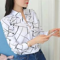 Blusa Feminina Branca Com Estampa Listrada De Manga Longa Para Escritório, Camisa Casual Solta Com Blusa Feminina Branca Com Estampa Listrada De Manga Longa Para Escritório, Camisa Casual Solta Com