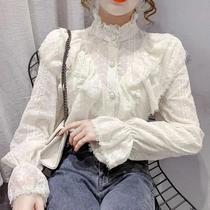 Blusa Feminina Branca De Manga Longa Com Botões, Plissada, Com Babados E Renda, Moda Primavera,