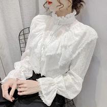 Blusa Feminina Branca De Manga Longa Com Botões, Plissada E Renda, Gola Alta Elegante, Moda