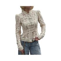 Blusa Feminina Branca De Manga Longa Com Renda, Chique, Vazada Com Flores, Abotoamento Simples, Blusa Feminina Branca De Manga Longa Com Renda, Chique, Vazada Com Flores, Abotoamento Simples,