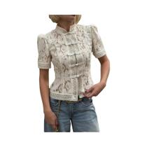 Blusa Feminina Branca De Manga Longa Com Renda, Chique, Vazada Com Flores, Abotoamento Simples,