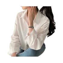 Blusa Feminina Branca De Manga Longa Cropped Casual Primavera Estilo Coreano Com Botões E Fenda