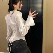 Blusa Feminina Branca E Preta Com Amarração, Manga Longa, Ajuste Slim, Estilo Casual Para Primavera