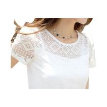 Blusa Feminina Branca Slim Fit De Verão Em Chiffon Com Renda Crochê Estilo Coreano - Blusas E Tops