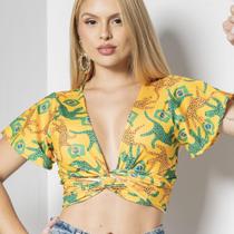 Blusa Feminina Brasil Cropped Transpassado Suplex Premium 3 em 1 Brasil Amarração - Blusa Feminina Brasil Cropped Transpassado Suplex Premium 3 em 1 Brasil Amarração -