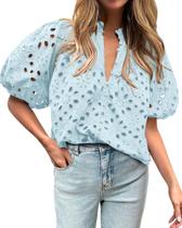 Blusa feminina BTFBM, casual de verão, ilhó, decote em V Blusa feminina BTFBM, casual de verão, ilhó, decote em V
