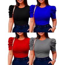 Blusa Feminina Bufante Kit com 4 Blusinhas Manga Curta Canelada Princesa