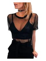Blusa Feminina Camiseta T-shirt Tule Transparente Manguinha
