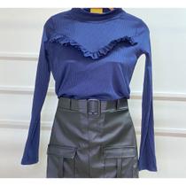 Blusa feminina canelada babado na frente manga longa gola alta fashion