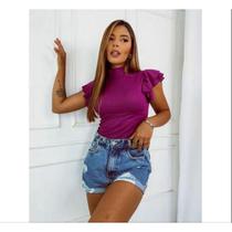 Blusa feminina canelada gola alta manga dois babados