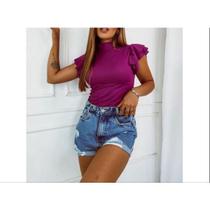 Blusa feminina canelada gola alta manga dois babados moda feminina