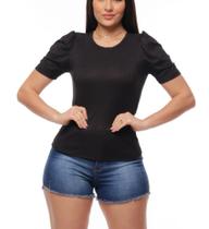 Blusa feminina canelada gola rasa manga curta bufante moda fashion