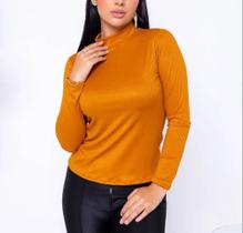 Blusa feminina canelada macia manga longa gola alta básica casual