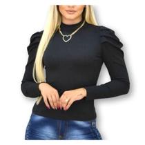 Blusa feminina canelada manga longa bufante gola alta cachepô gringa