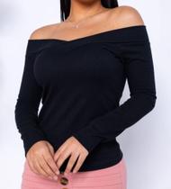 Blusa feminina canelada manga longa decote ombro a ombro