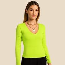 Blusa Feminina Canelada Manga Longa Decote V Cintura Ajustada Gris- Cativa