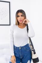 Blusa feminina canelada manga longa gola rasa