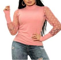 Blusa feminina canelada manga longa tule gola alta estilo blogueira