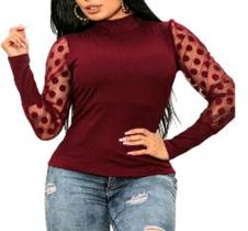 Blusa feminina canelada manga longa tule gola alta super fashion