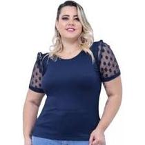 Blusa Feminina Canelada Manga Princesa Bufante Tule Poá GG 44 ao 46 Blusa Feminina Canelada Manga Princesa Bufante Tule Poá GG 44 ao 46