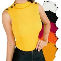 Blusa feminina canelada regata botões no ombro gola alta roupas femininas