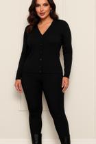 Blusa Feminina Casaquinho Suéter Trico Liso Botões Gola V