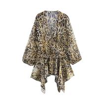 Blusa Feminina Casual Chic Com Decote Em V, Manga Longa, Estampa E Cinto, Com Barra Assimétrica