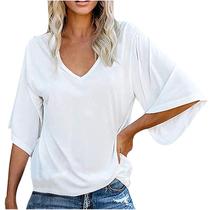 Blusa feminina casual com decote em V sólida manga três quartos Blusa feminina casual com decote em V sólida manga três quartos