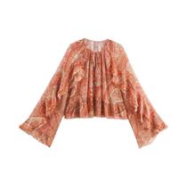 Blusa Feminina Casual Com Estampa Paisley, Gola Redonda, Mangas Trompete, Babados, Caimento Solto, Blusa Feminina Casual Com Estampa Paisley, Gola Redonda, Mangas Trompete, Babados, Caimento Solto,