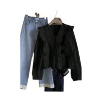 Blusa Feminina Casual De Outono Com Renda E Babados Em Cor Sólida, Manga Longa, Elegância E Moda