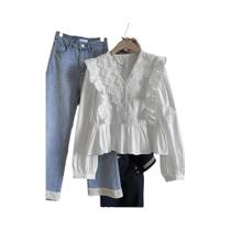 Blusa Feminina Casual De Outono Com Renda E Babados Em Cor Sólida, Manga Longa, Elegância E Moda